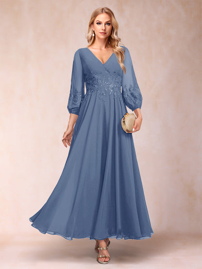 A-Line/Princess Ankle-Length 3/4 Sleeves V-Neck Mother of the Bride Dresses