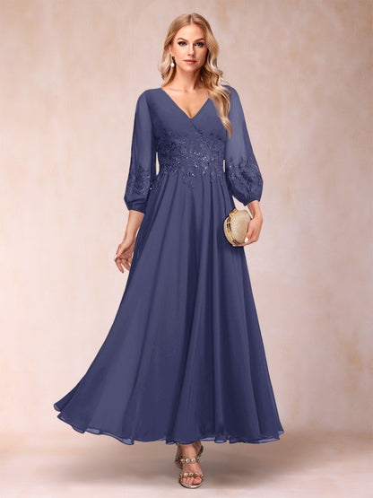A-Line/Princess Ankle-Length 3/4 Sleeves V-Neck Mother of the Bride Dresses