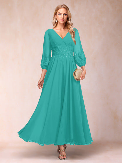 A-Line/Princess Ankle-Length 3/4 Sleeves V-Neck Mother of the Bride Dresses