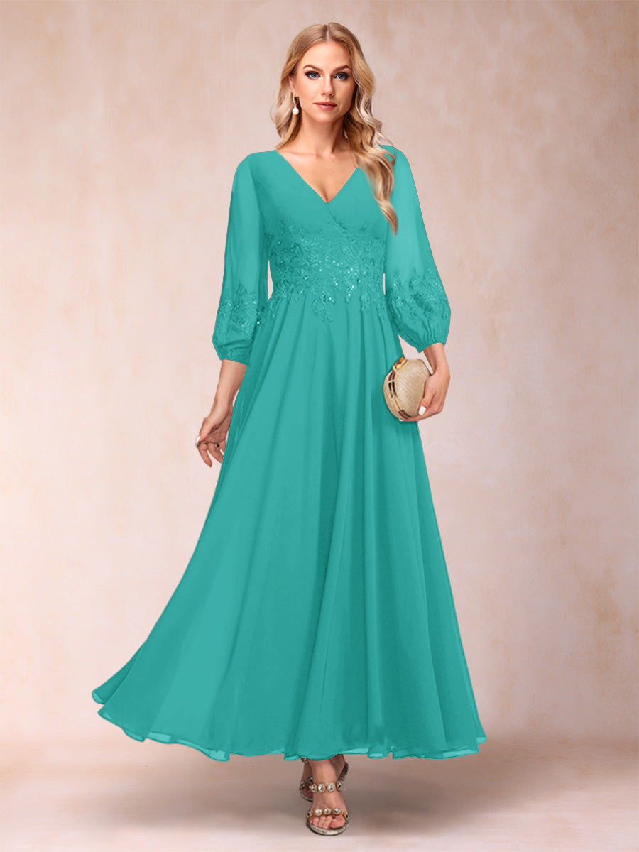 A-Line/Princess Ankle-Length 3/4 Sleeves V-Neck Mother of the Bride Dresses