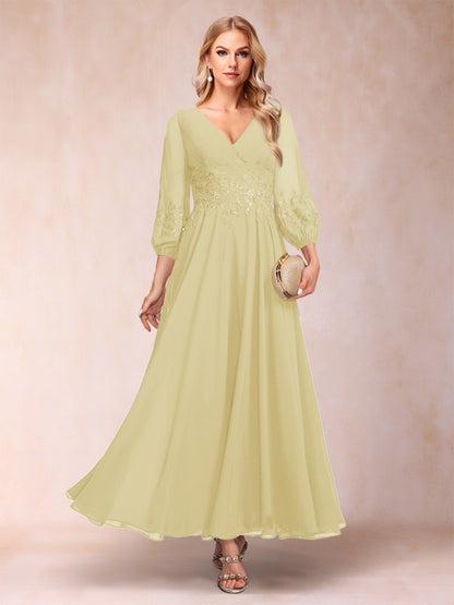 A-Line/Princess Ankle-Length 3/4 Sleeves V-Neck Mother of the Bride Dresses