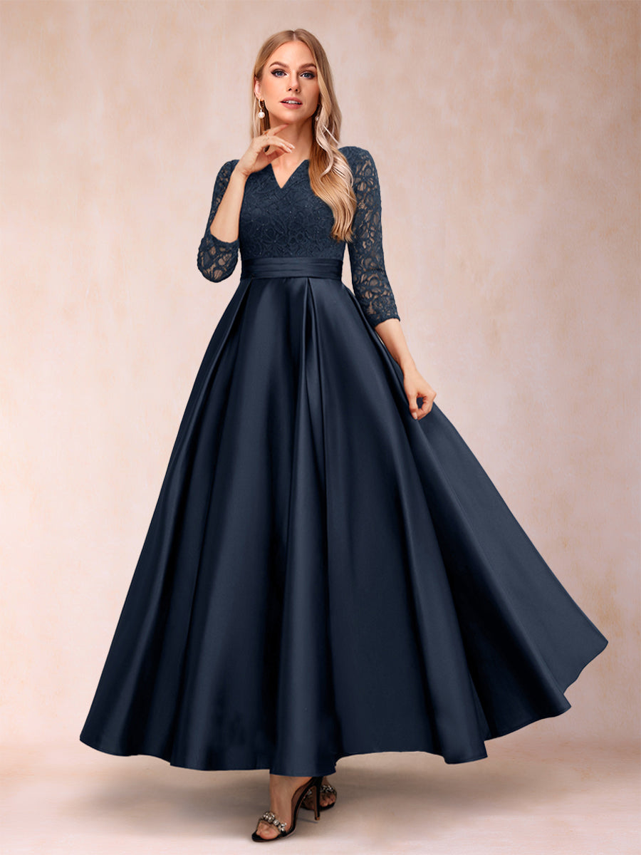 A-Line/Princess V-Neck Ankle-Length Lace Satin Mother of the Bride Dresses With Rhinestone
