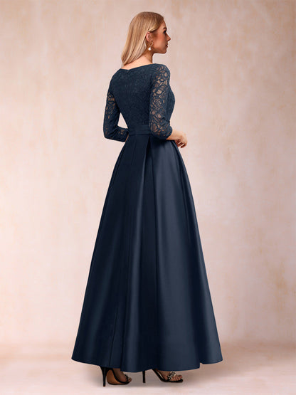 A-Line/Princess V-Neck Ankle-Length Lace Satin Mother of the Bride Dresses With Rhinestone