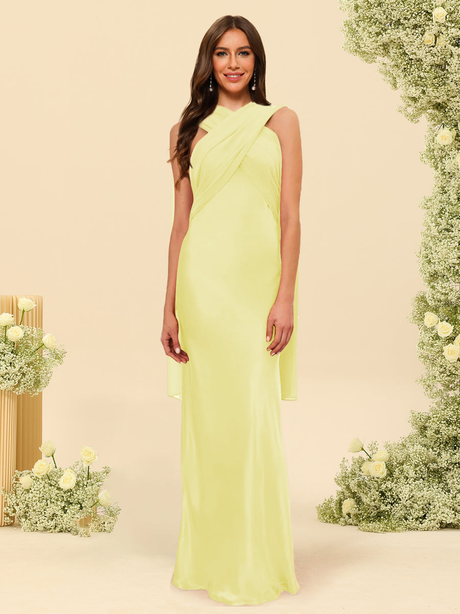 Sheath/Column Halter Sleeveless Floor-Length Lace-Up Bridesmaid Dresses