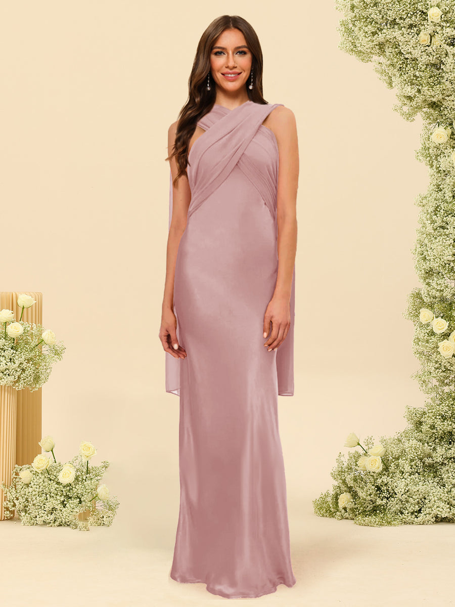 Sheath/Column Halter Sleeveless Floor-Length Lace-Up Bridesmaid Dresses