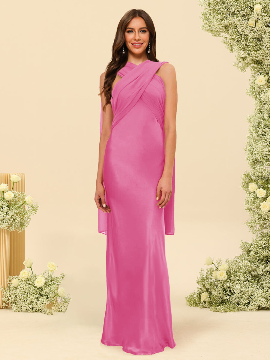 Sheath/Column Halter Sleeveless Floor-Length Lace-Up Bridesmaid Dresses