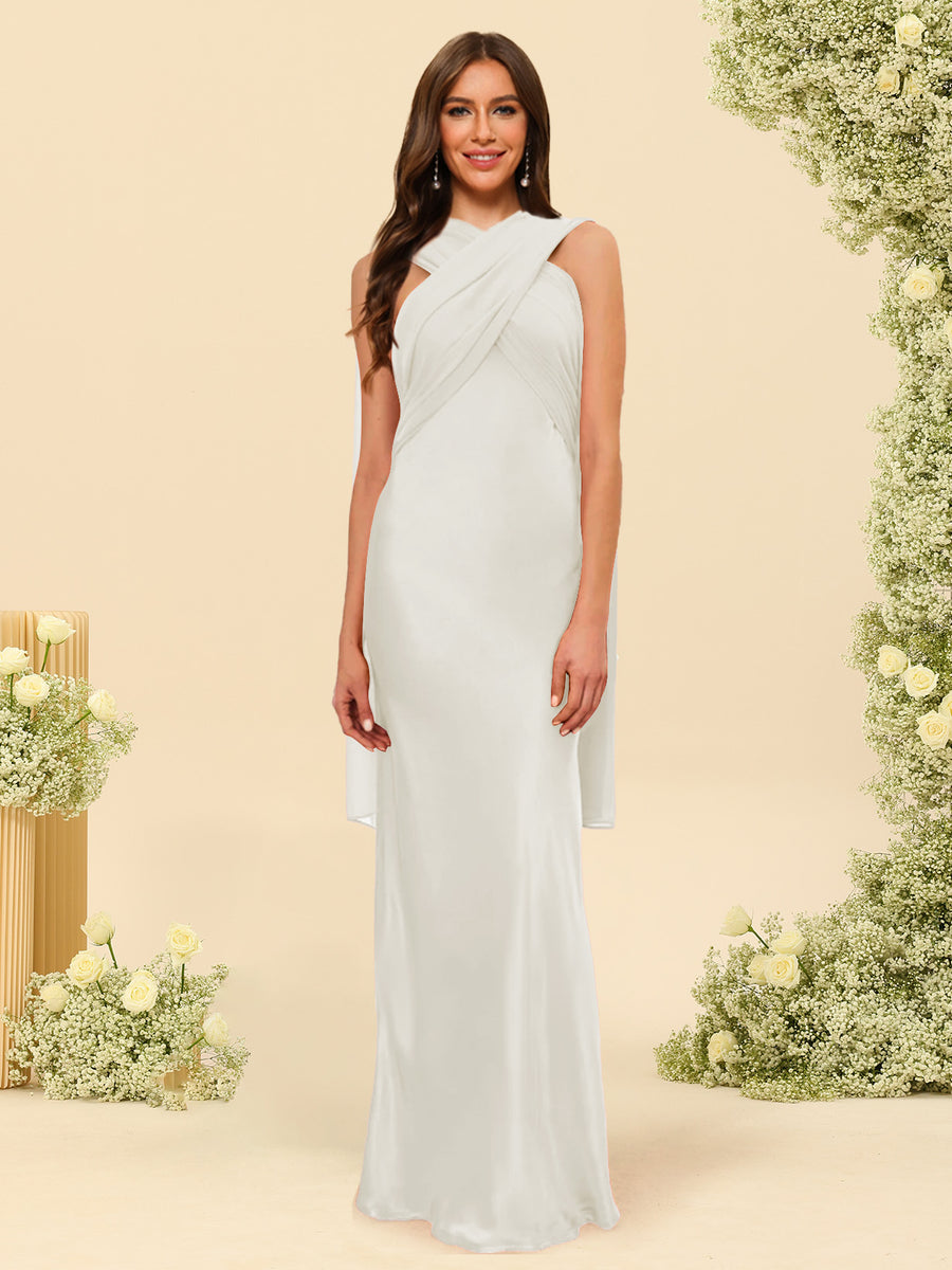 Sheath/Column Halter Sleeveless Floor-Length Lace-Up Bridesmaid Dresses