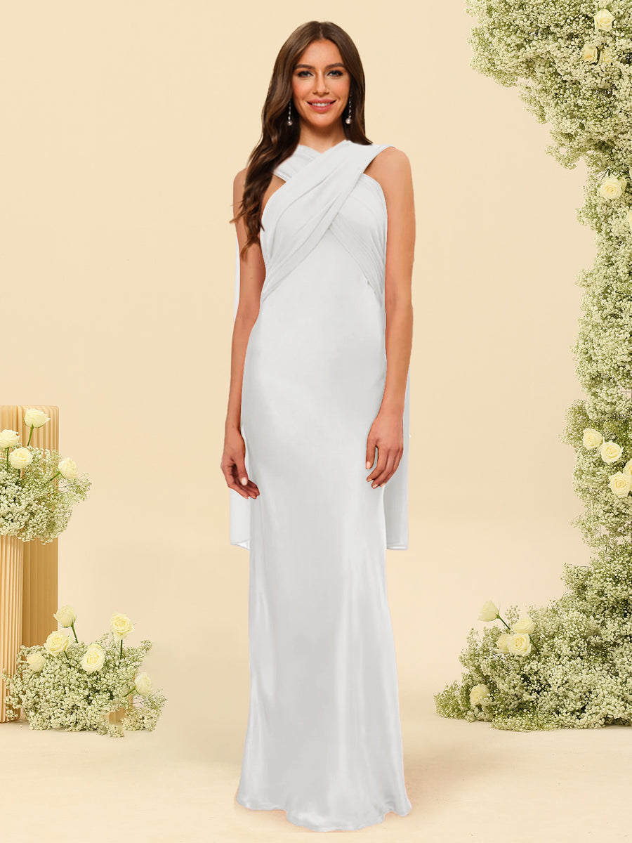 Sheath/Column Halter Sleeveless Floor-Length Lace-Up Bridesmaid Dresses