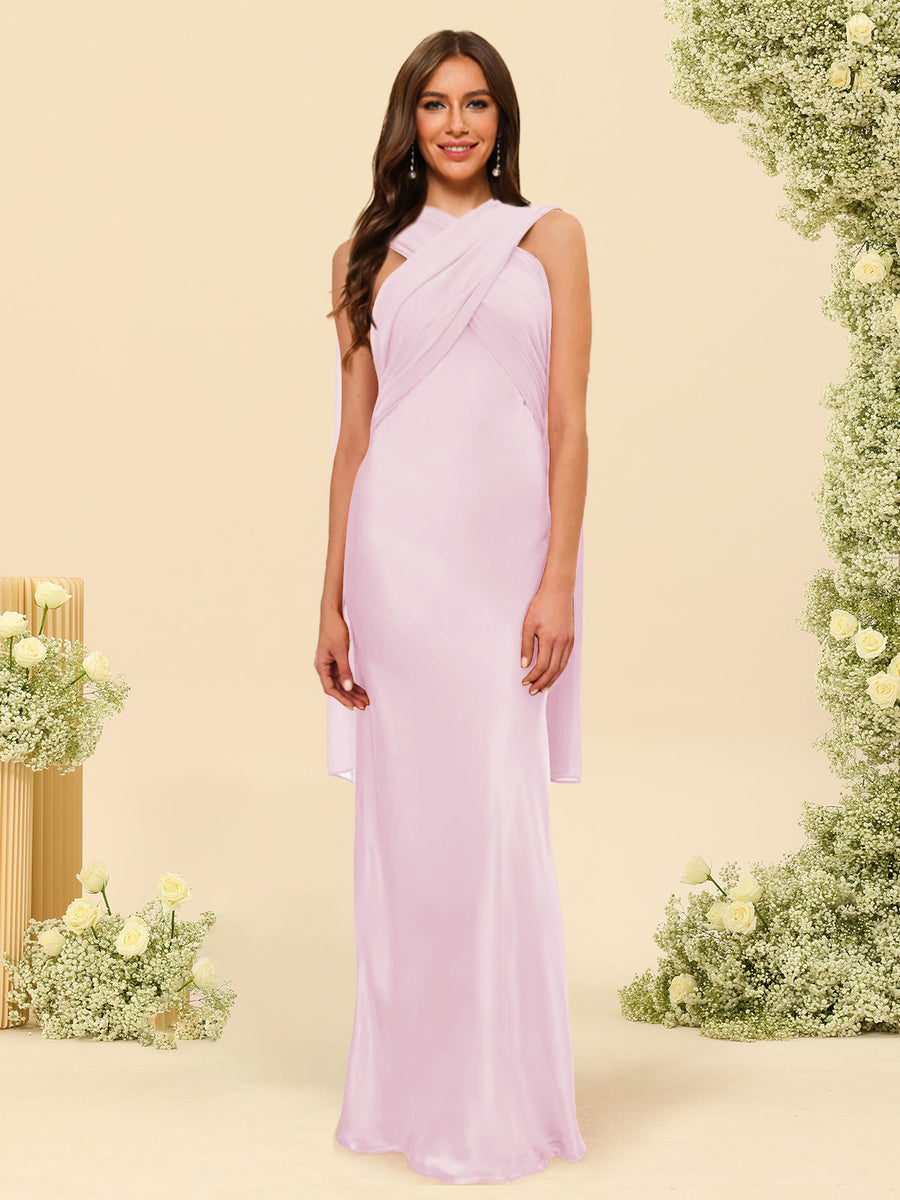 Sheath/Column Halter Sleeveless Floor-Length Lace-Up Bridesmaid Dresses