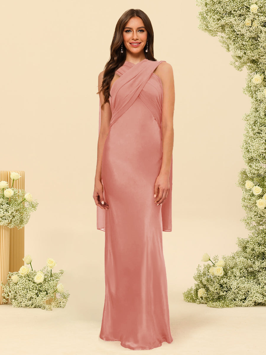 Sheath/Column Halter Sleeveless Floor-Length Lace-Up Bridesmaid Dresses