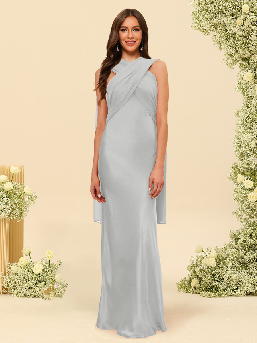 Sheath/Column Halter Sleeveless Floor-Length Lace-Up Bridesmaid Dresses