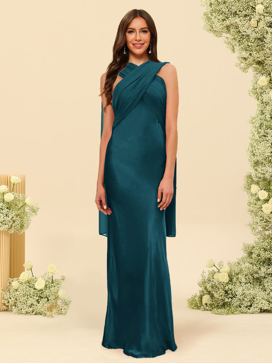 Sheath/Column Halter Sleeveless Floor-Length Lace-Up Bridesmaid Dresses