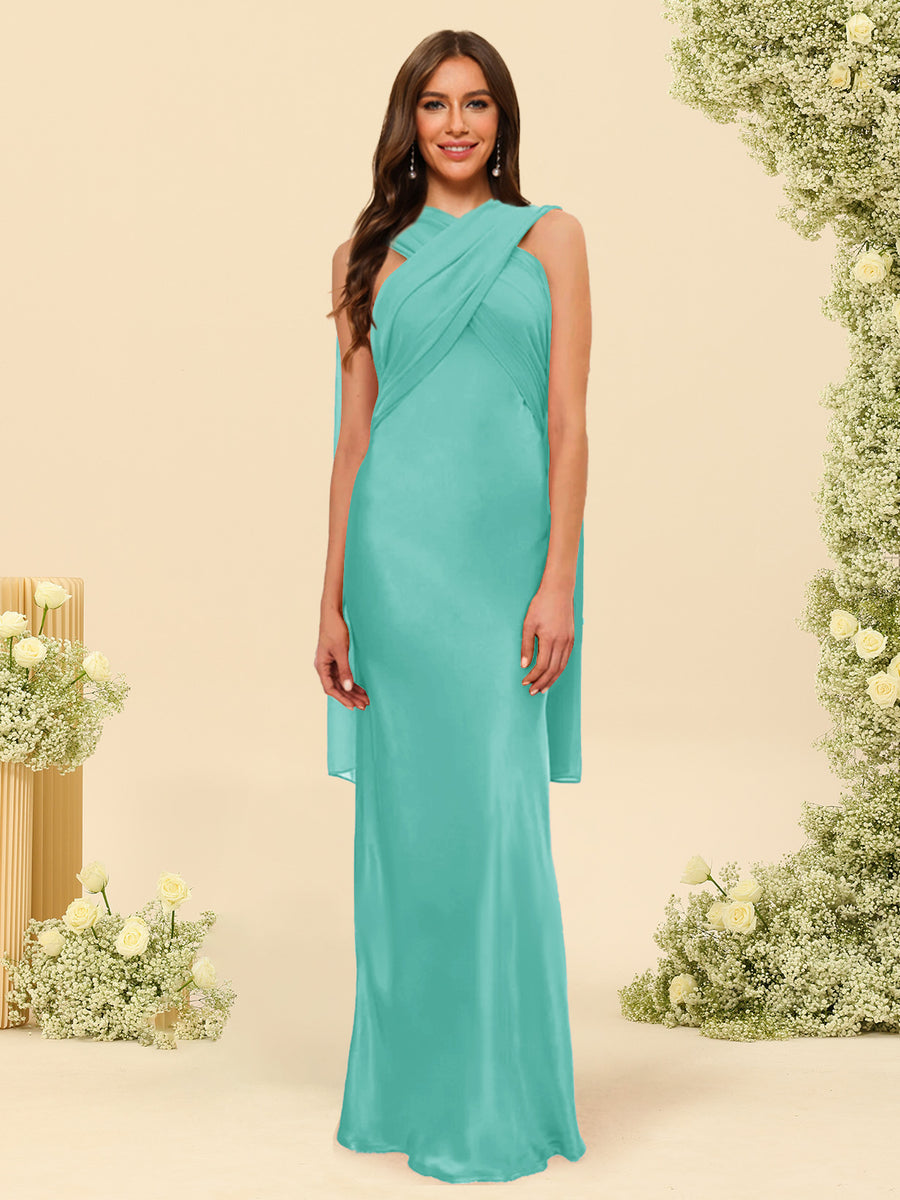 Sheath/Column Halter Sleeveless Floor-Length Lace-Up Bridesmaid Dresses