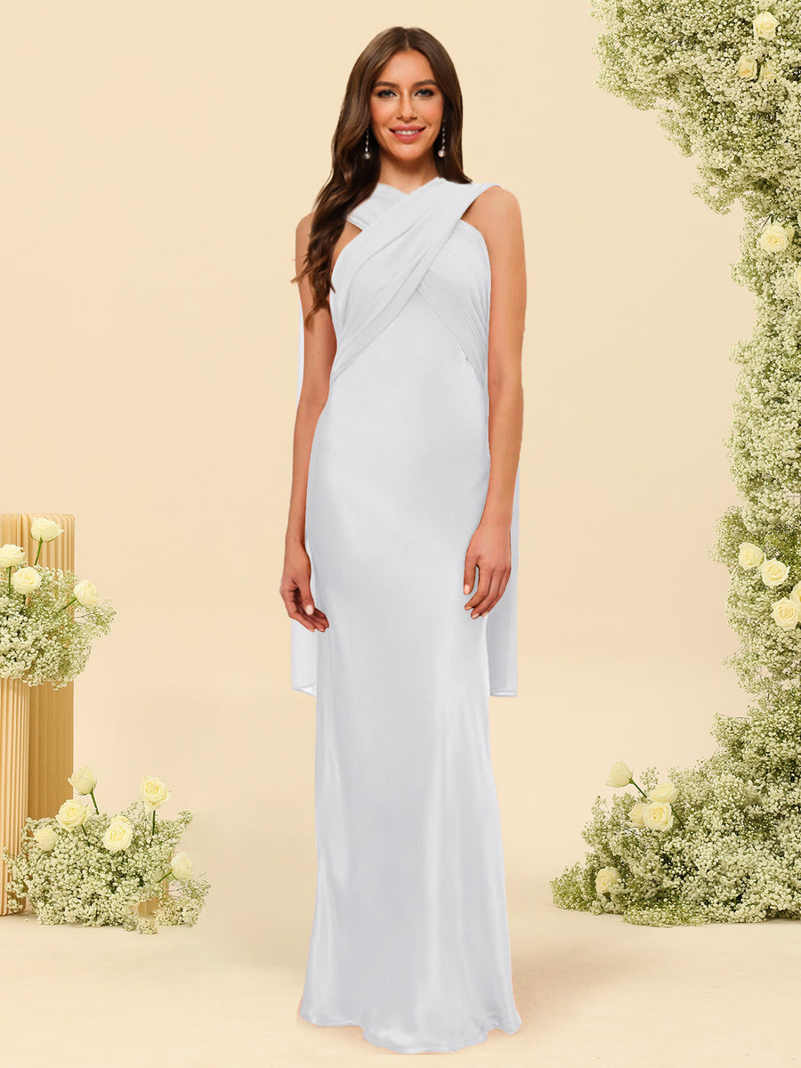 Sheath/Column Halter Sleeveless Floor-Length Lace-Up Bridesmaid Dresses