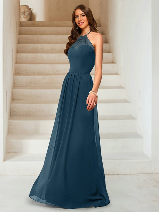 A-Line/Princess Halter Sleeveless Floor-Length Chiffon Ruched Bridesmaid Dresses