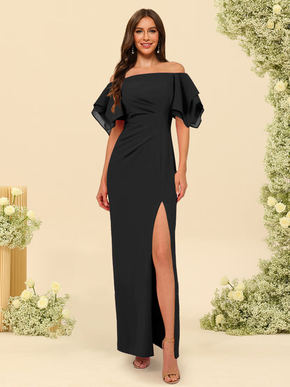 Sheath/Column Off-the-Shoulder Short Sleeves Ankle-Length Chiffon Bridesmaid Dresses with Split Side