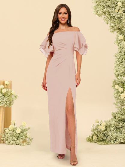 Sheath/Column Off-the-Shoulder Short Sleeves Ankle-Length Chiffon Bridesmaid Dresses with Split Side