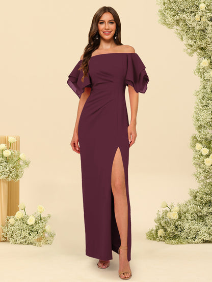 Sheath/Column Off-the-Shoulder Short Sleeves Ankle-Length Chiffon Bridesmaid Dresses with Split Side