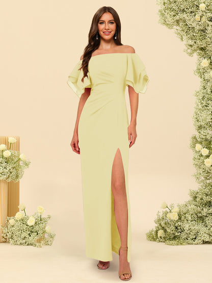 Sheath/Column Off-the-Shoulder Short Sleeves Ankle-Length Chiffon Bridesmaid Dresses with Split Side