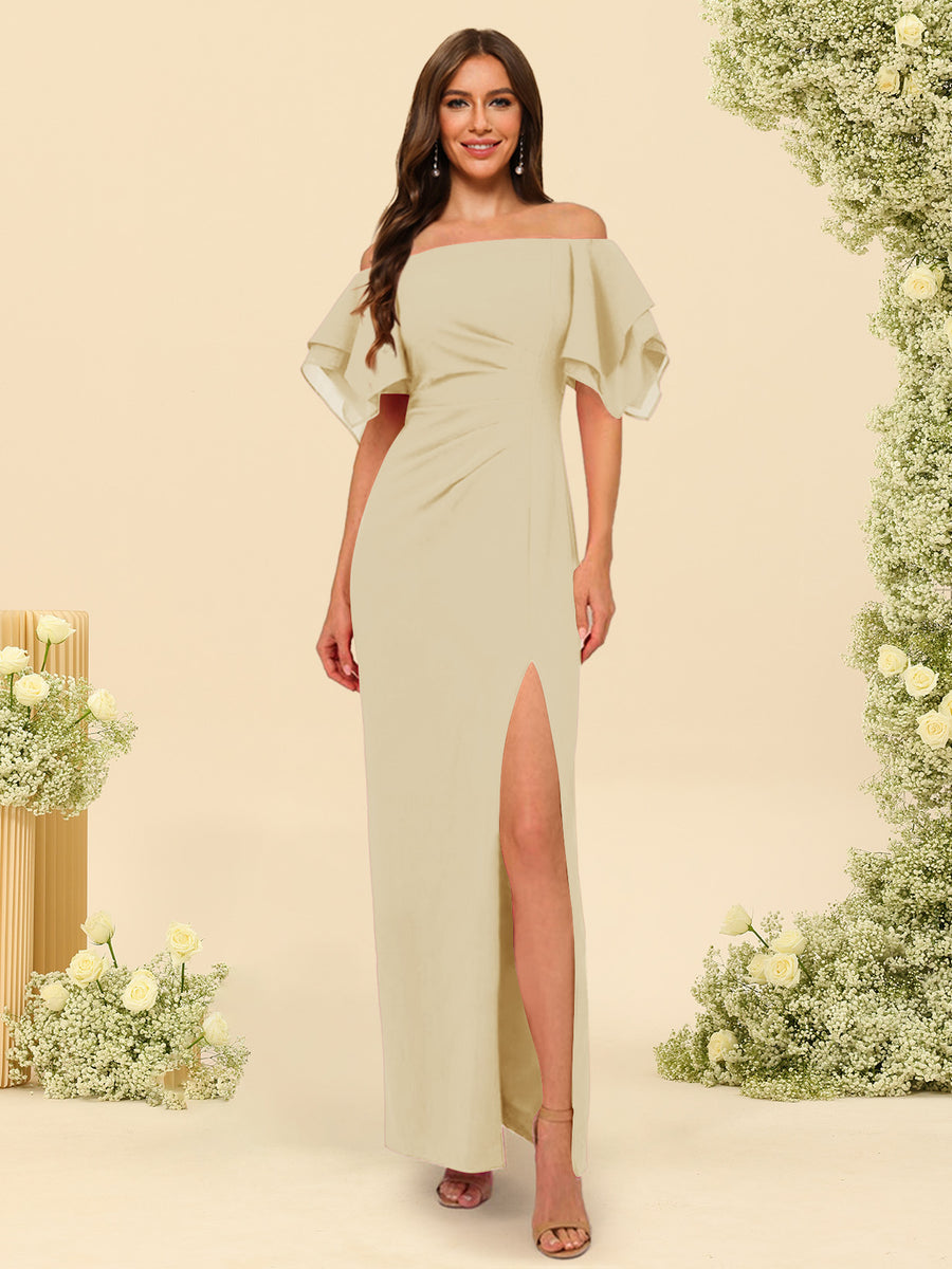 Sheath/Column Off-the-Shoulder Short Sleeves Ankle-Length Chiffon Bridesmaid Dresses with Split Side