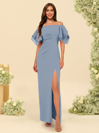 Sheath/Column Off-the-Shoulder Short Sleeves Ankle-Length Chiffon Bridesmaid Dresses with Split Side