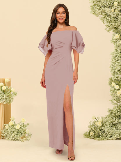 Sheath/Column Off-the-Shoulder Short Sleeves Ankle-Length Chiffon Bridesmaid Dresses with Split Side