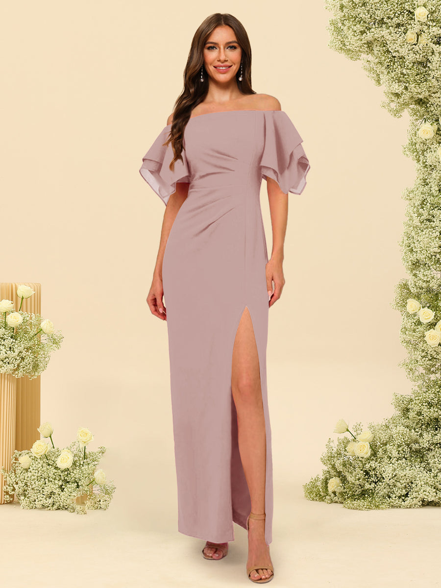 Sheath/Column Off-the-Shoulder Short Sleeves Ankle-Length Chiffon Bridesmaid Dresses with Split Side