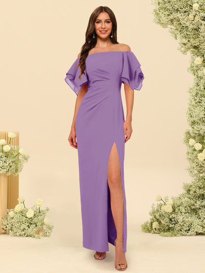 Sheath/Column Off-the-Shoulder Short Sleeves Ankle-Length Chiffon Bridesmaid Dresses with Split Side