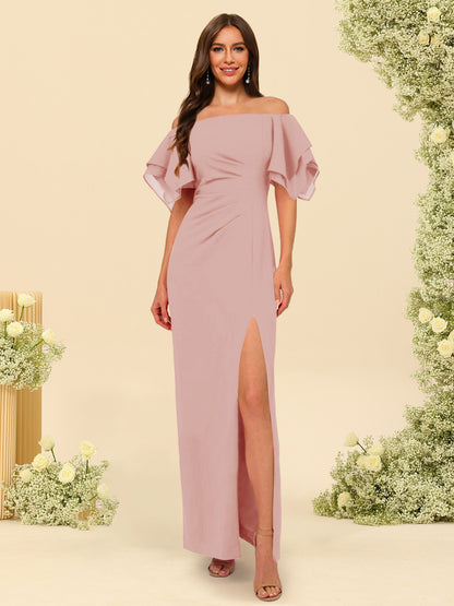 Sheath/Column Off-the-Shoulder Short Sleeves Ankle-Length Chiffon Bridesmaid Dresses with Split Side