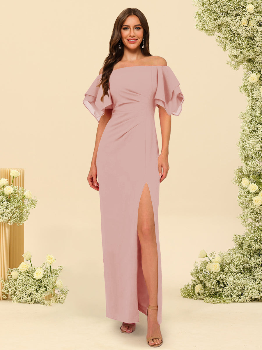 Sheath/Column Off-the-Shoulder Short Sleeves Ankle-Length Chiffon Bridesmaid Dresses with Split Side