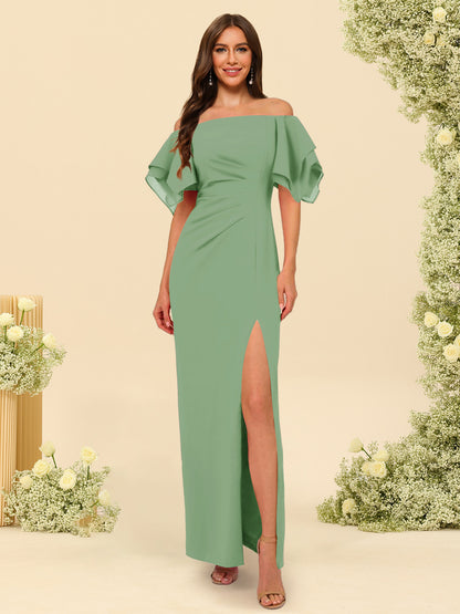 Sheath/Column Off-the-Shoulder Short Sleeves Ankle-Length Chiffon Bridesmaid Dresses with Split Side