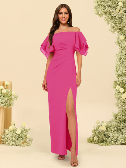 Sheath/Column Off-the-Shoulder Short Sleeves Ankle-Length Chiffon Bridesmaid Dresses with Split Side
