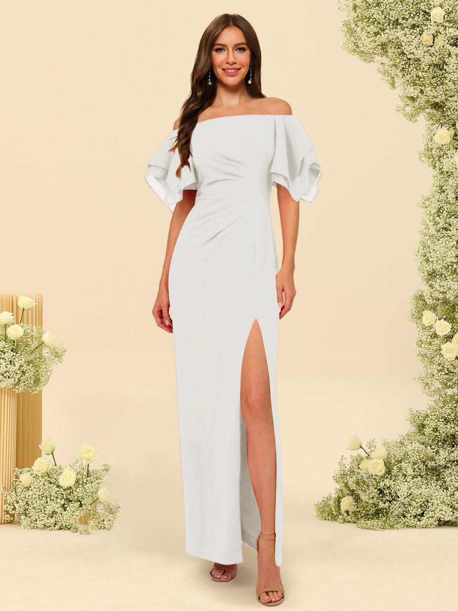 Sheath/Column Off-the-Shoulder Short Sleeves Ankle-Length Chiffon Bridesmaid Dresses with Split Side