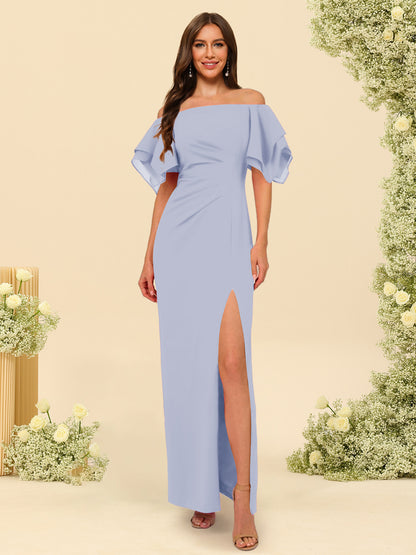 Sheath/Column Off-the-Shoulder Short Sleeves Ankle-Length Chiffon Bridesmaid Dresses with Split Side