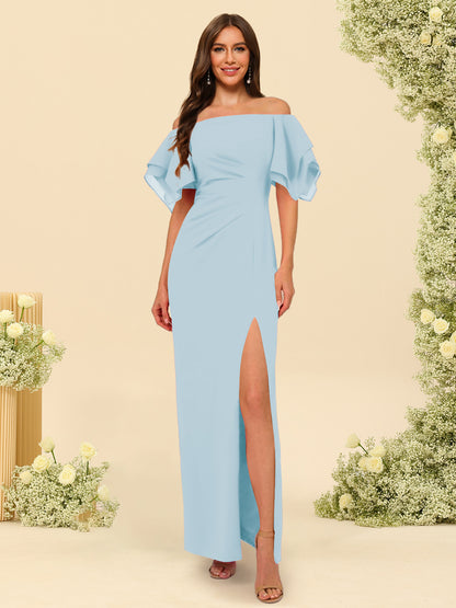 Sheath/Column Off-the-Shoulder Short Sleeves Ankle-Length Chiffon Bridesmaid Dresses with Split Side