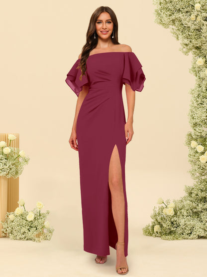 Sheath/Column Off-the-Shoulder Short Sleeves Ankle-Length Chiffon Bridesmaid Dresses with Split Side