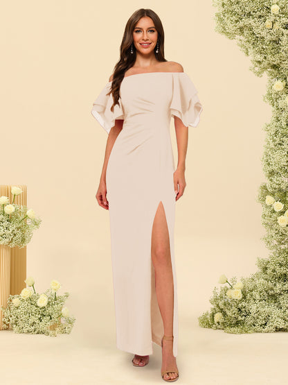 Sheath/Column Off-the-Shoulder Short Sleeves Ankle-Length Chiffon Bridesmaid Dresses with Split Side