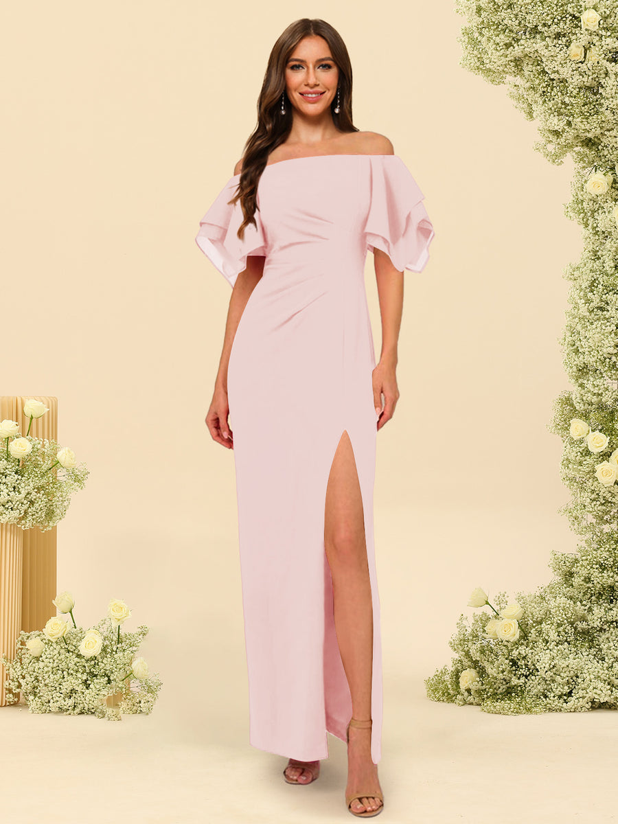 Sheath/Column Off-the-Shoulder Short Sleeves Ankle-Length Chiffon Bridesmaid Dresses with Split Side
