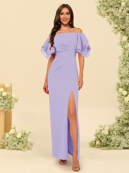 Sheath/Column Off-the-Shoulder Short Sleeves Ankle-Length Chiffon Bridesmaid Dresses with Split Side