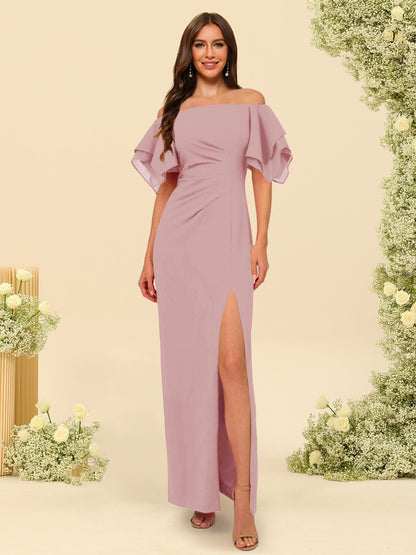 Sheath/Column Off-the-Shoulder Short Sleeves Ankle-Length Chiffon Bridesmaid Dresses with Split Side