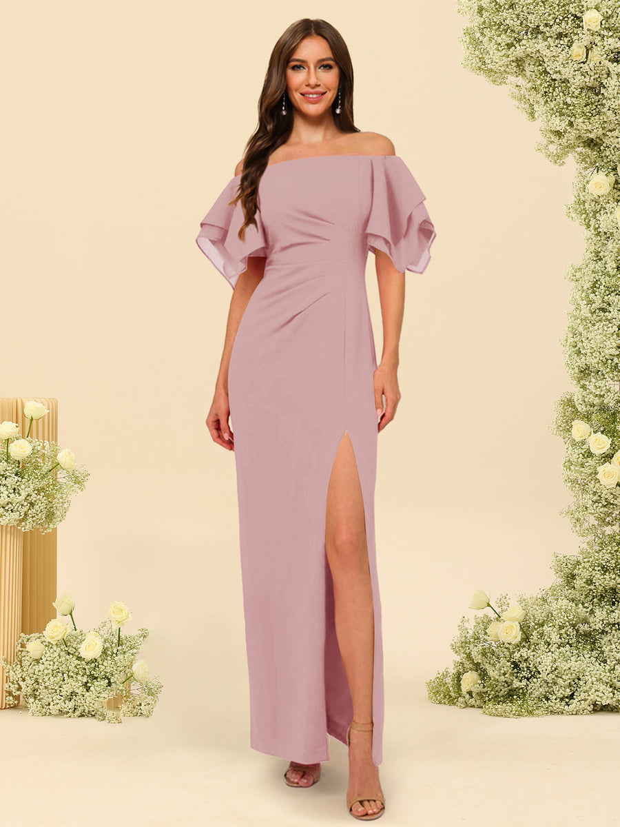 Sheath/Column Off-the-Shoulder Short Sleeves Ankle-Length Chiffon Bridesmaid Dresses with Split Side
