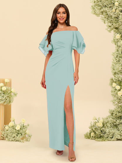 Sheath/Column Off-the-Shoulder Short Sleeves Ankle-Length Chiffon Bridesmaid Dresses with Split Side