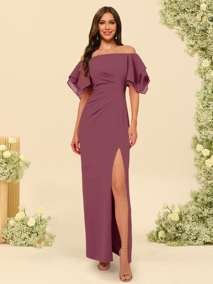 Sheath/Column Off-the-Shoulder Short Sleeves Ankle-Length Chiffon Bridesmaid Dresses with Split Side