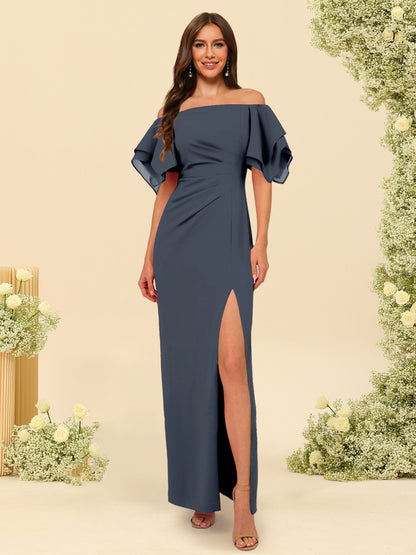 Sheath/Column Off-the-Shoulder Short Sleeves Ankle-Length Chiffon Bridesmaid Dresses with Split Side
