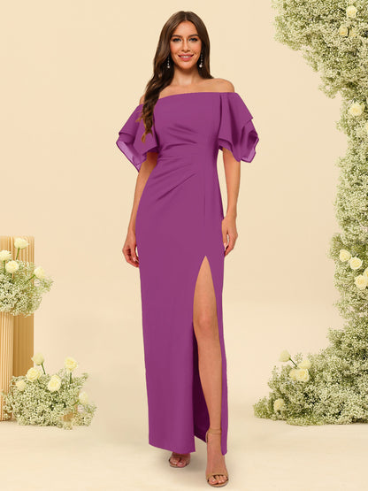 Sheath/Column Off-the-Shoulder Short Sleeves Ankle-Length Chiffon Bridesmaid Dresses with Split Side