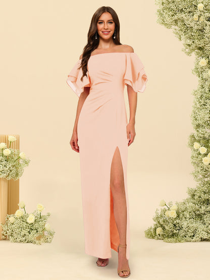 Sheath/Column Off-the-Shoulder Short Sleeves Ankle-Length Chiffon Bridesmaid Dresses with Split Side