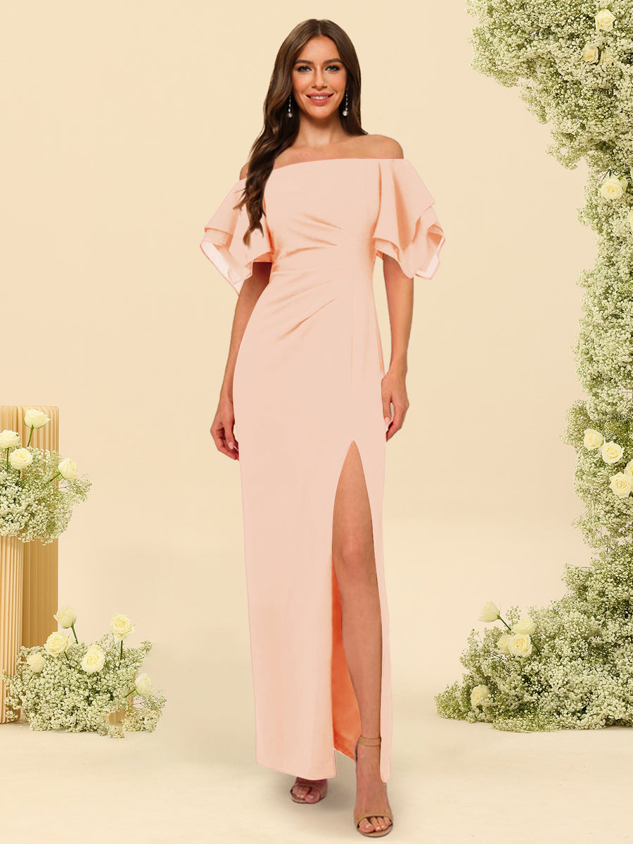 Sheath/Column Off-the-Shoulder Short Sleeves Ankle-Length Chiffon Bridesmaid Dresses with Split Side
