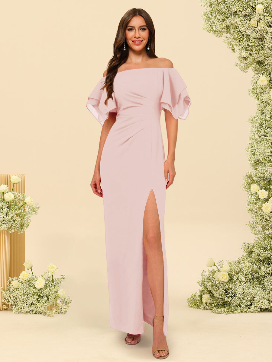 Sheath/Column Off-the-Shoulder Short Sleeves Ankle-Length Chiffon Bridesmaid Dresses with Split Side