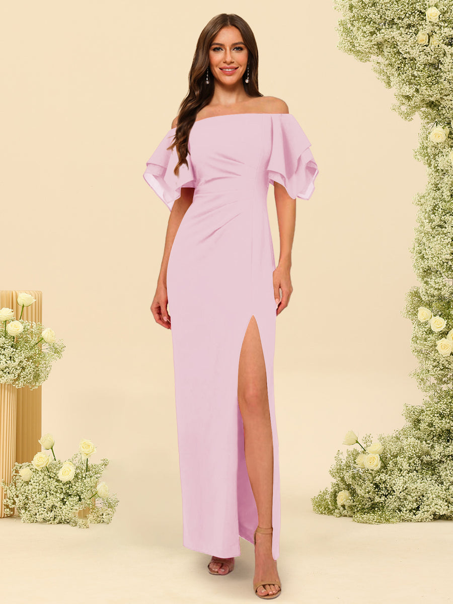 Sheath/Column Off-the-Shoulder Short Sleeves Ankle-Length Chiffon Bridesmaid Dresses with Split Side