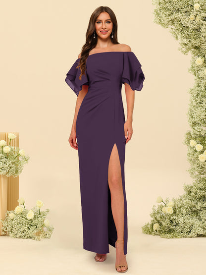 Sheath/Column Off-the-Shoulder Short Sleeves Ankle-Length Chiffon Bridesmaid Dresses with Split Side
